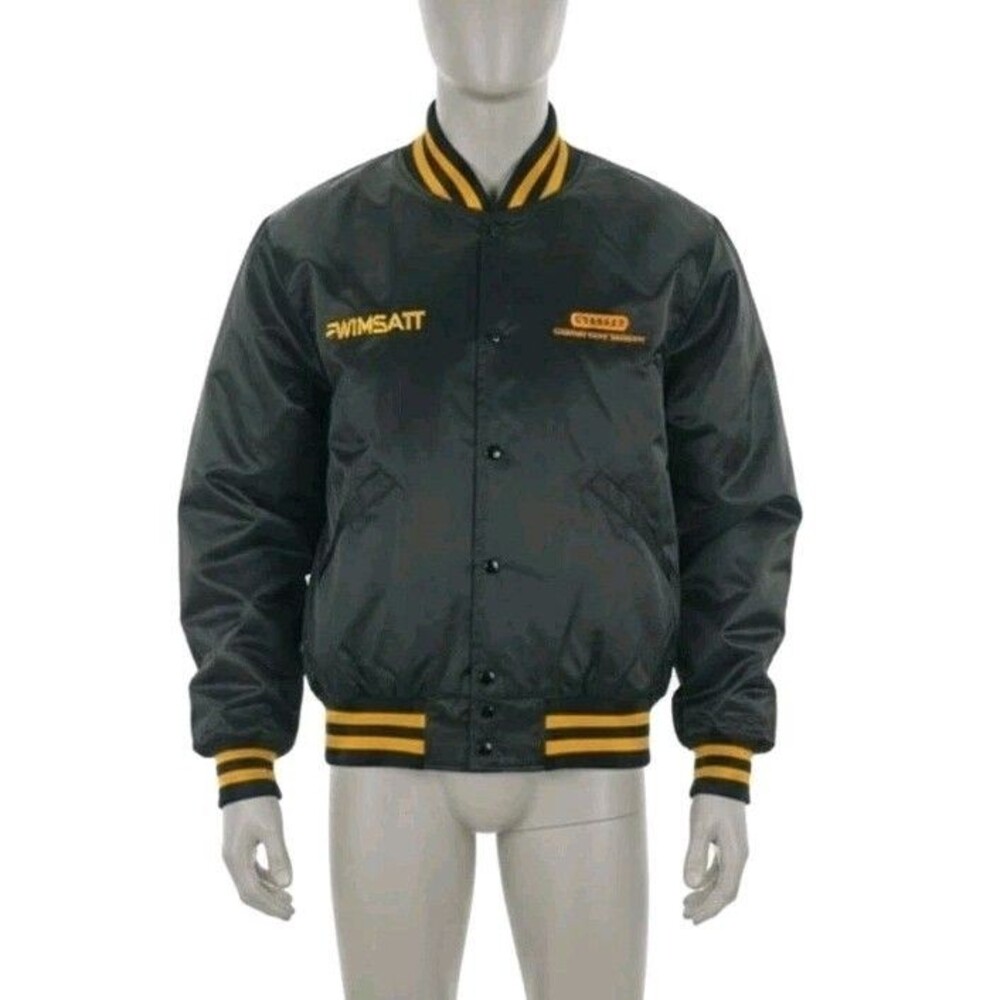 VTG Stanley Door Systems Jacket L DeLong Sportswear Black Yellow Nylon Varsity